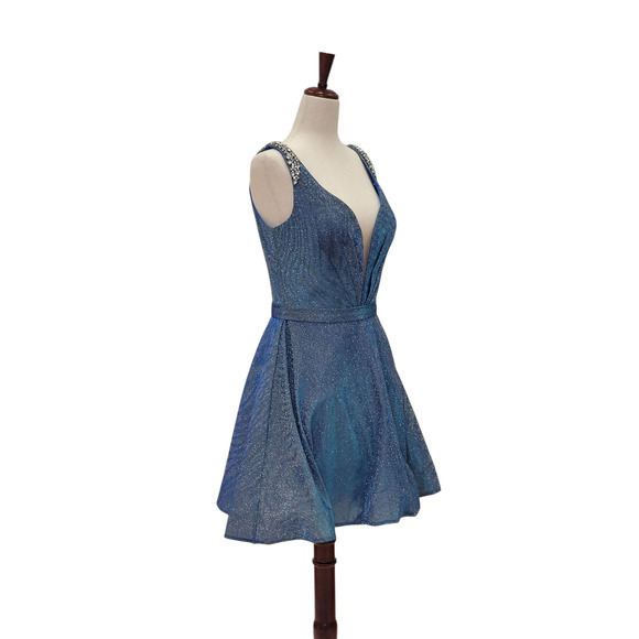NWT Women's Short A Line Sparkle Gown with Deep V Neck and Jeweled Straps - Picture 7 of 7